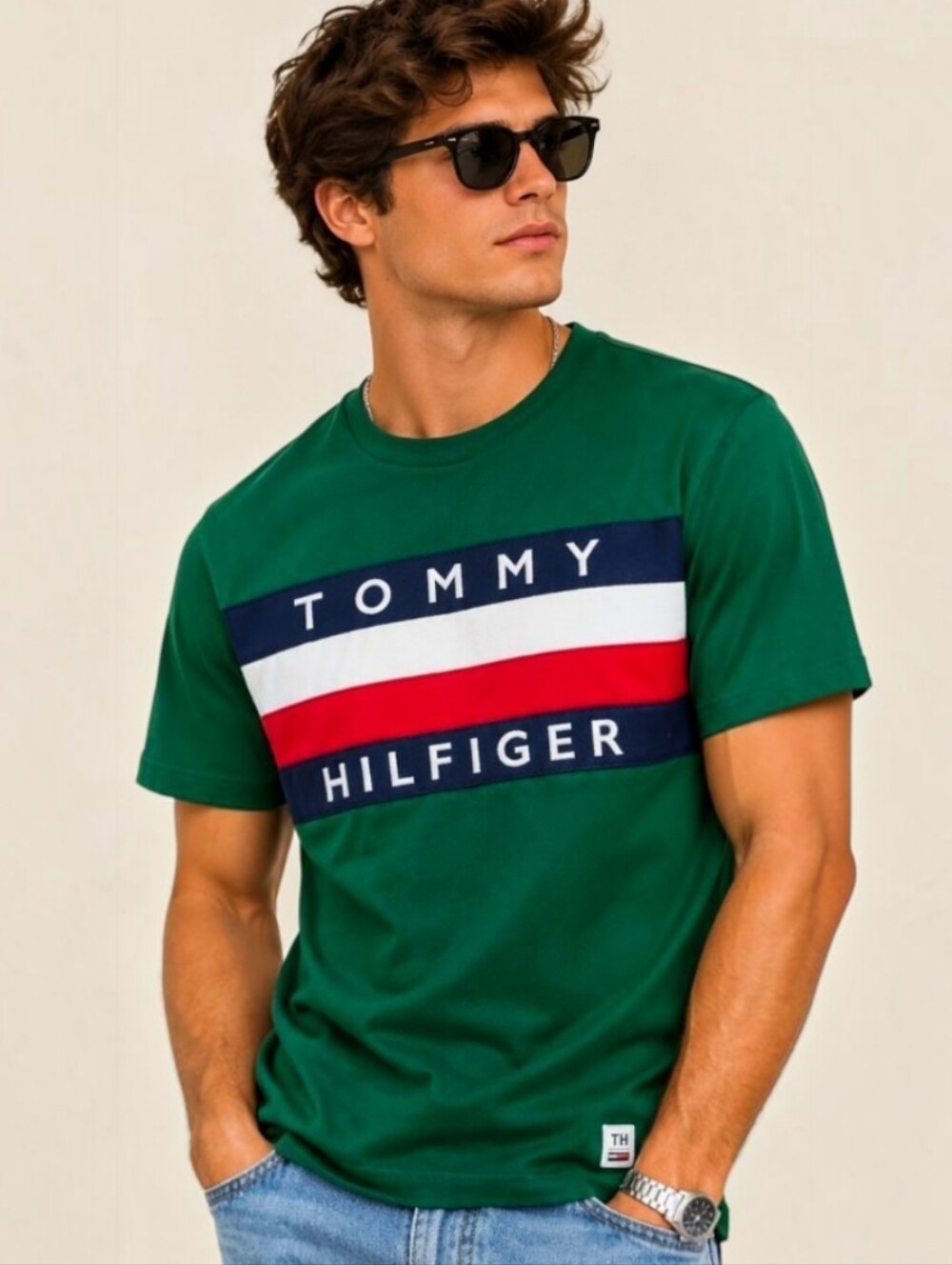 Tommy Hilfiger Green Embroidered Logo Stripe Crew Neck T-Shirt Men’s Size M 100%